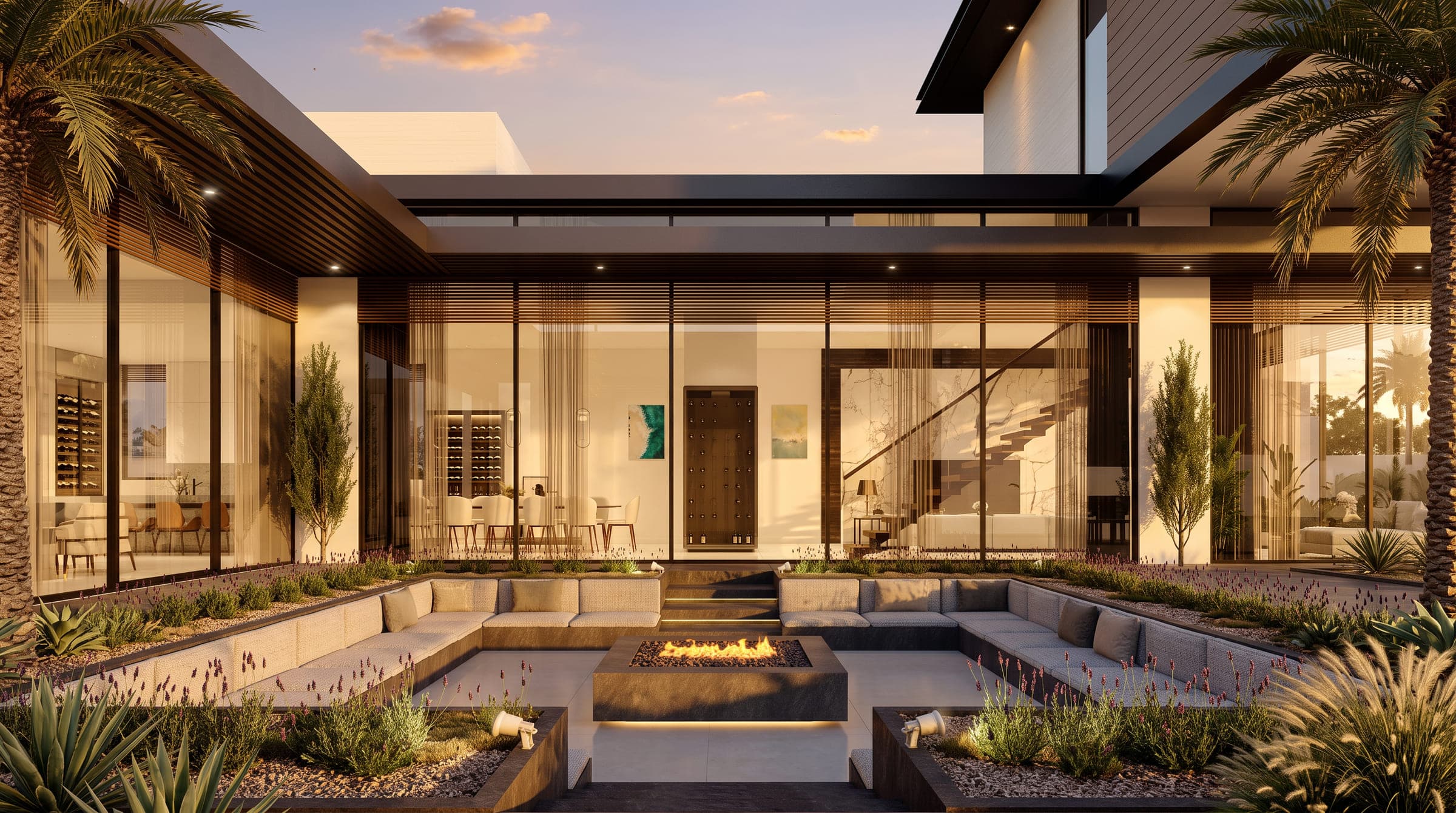 The terrace at Villa Vista, a sunken seating court with a fire table before full-height glazing, a LKYOOB design visualisation