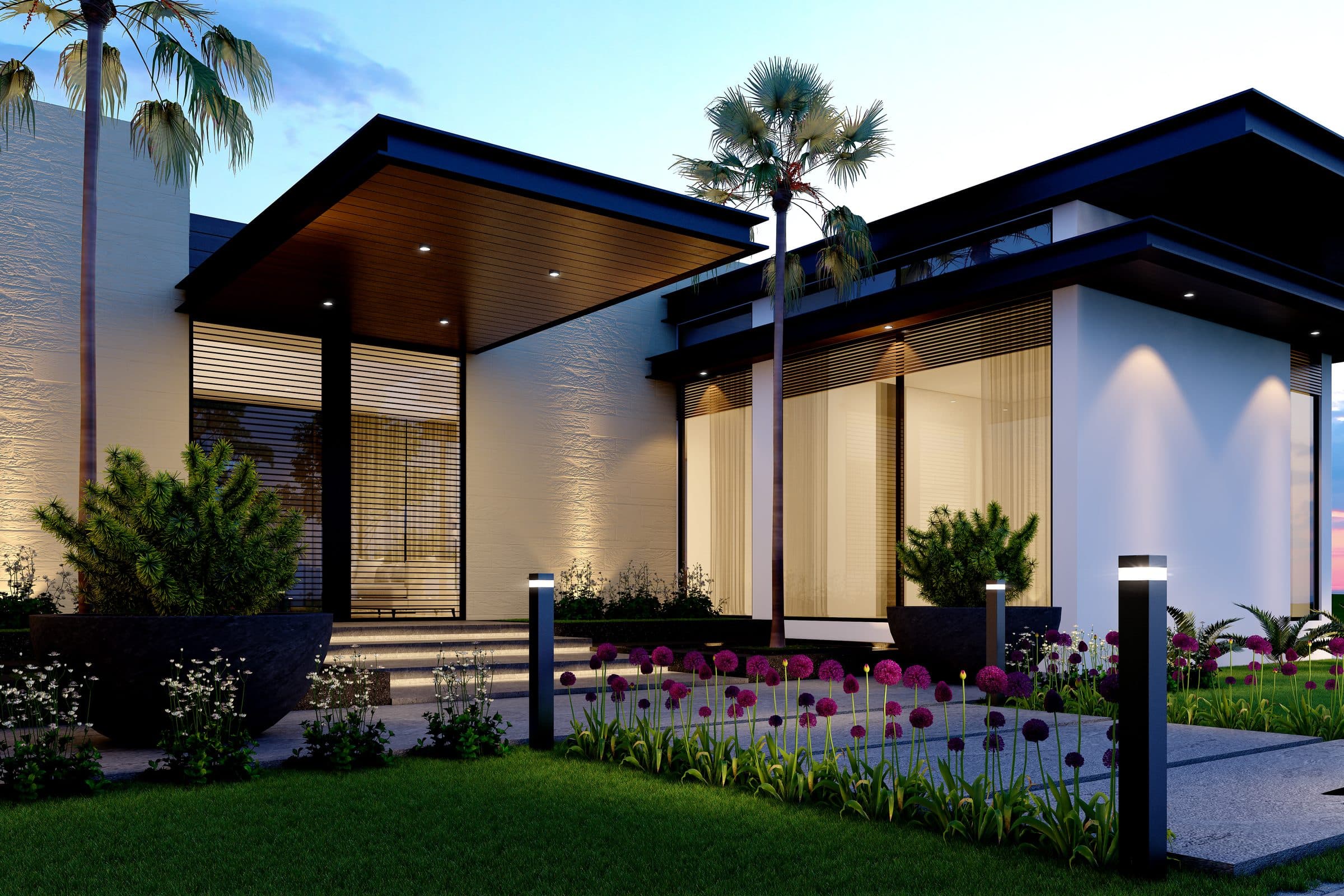 Design visualisation of the entrance path between flower beds under the roof overhang, by LKYOOB