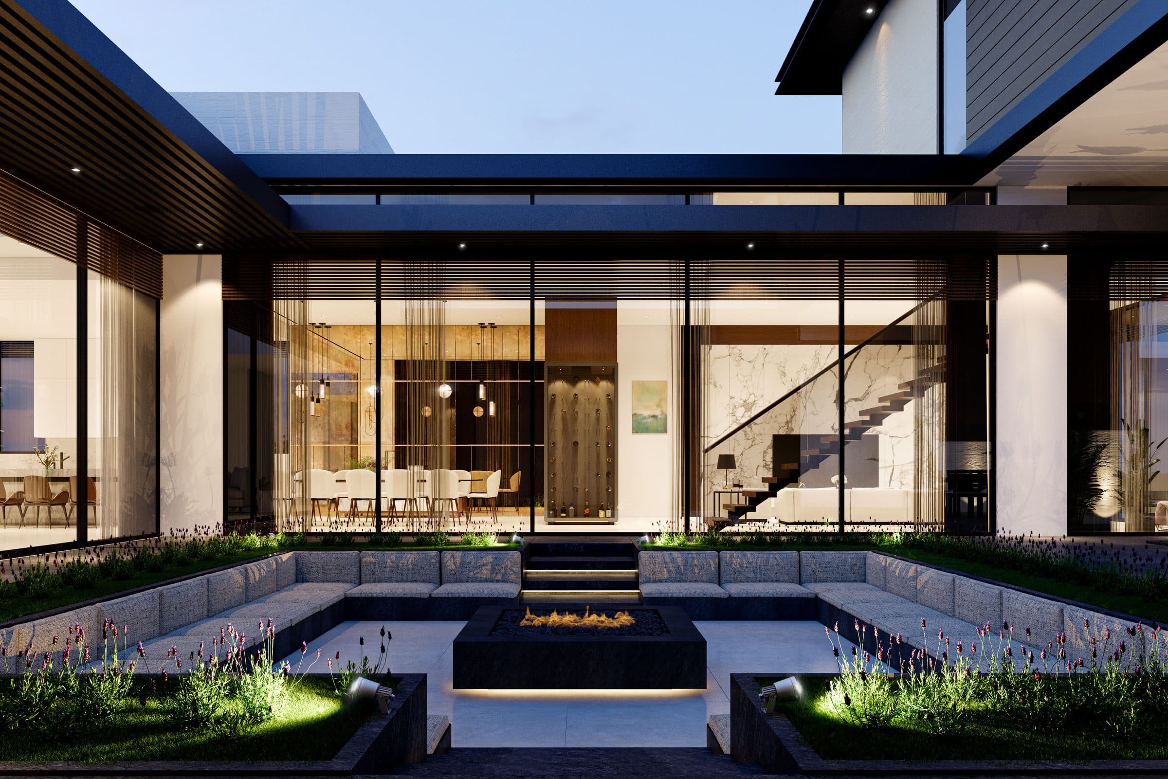 Design visualisation of the sunken court with a fire pit between the glazed wings, by LKYOOB
