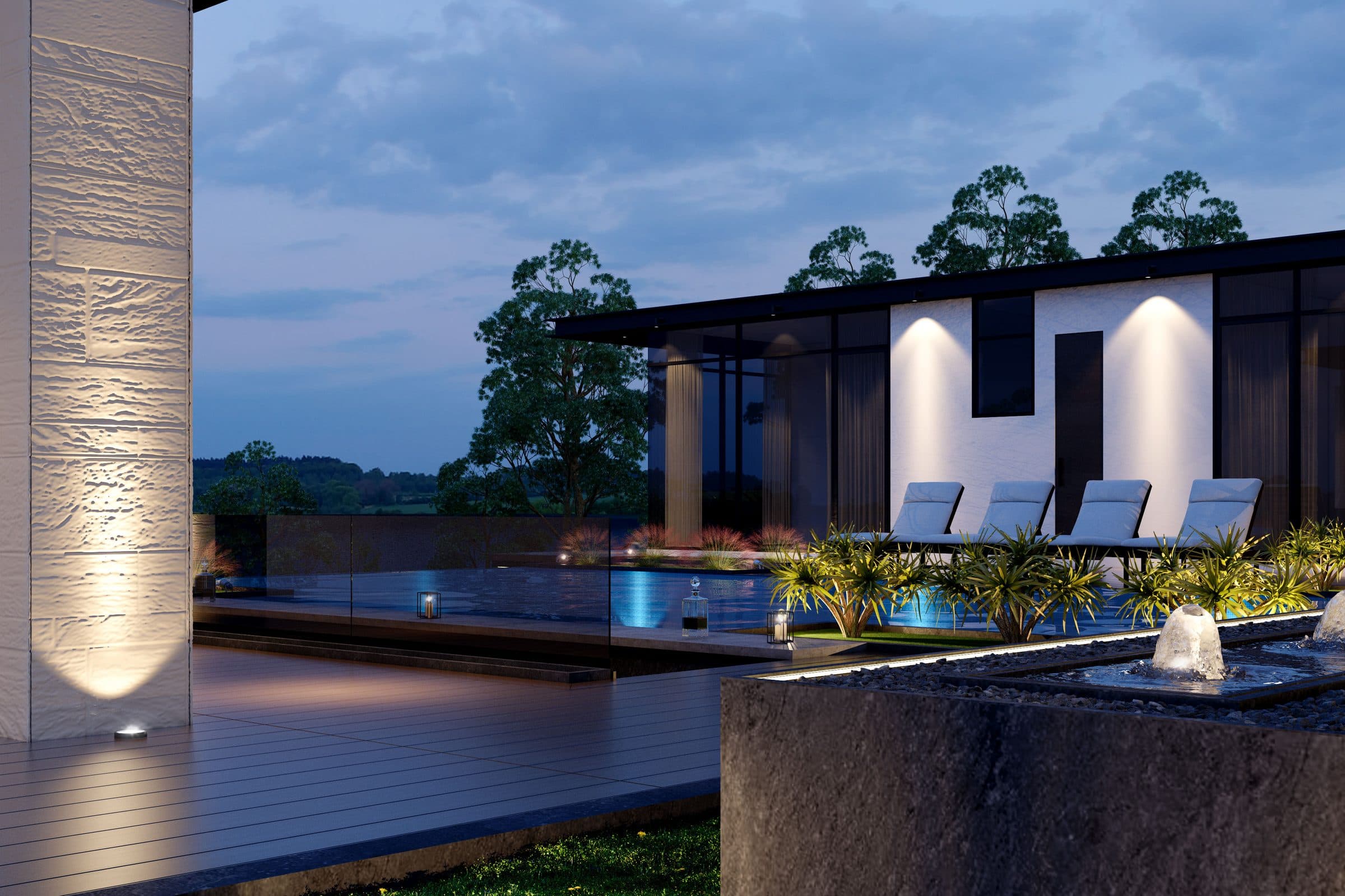 Design visualisation of the pool terrace with loungers and a fountain at dusk, by LKYOOB