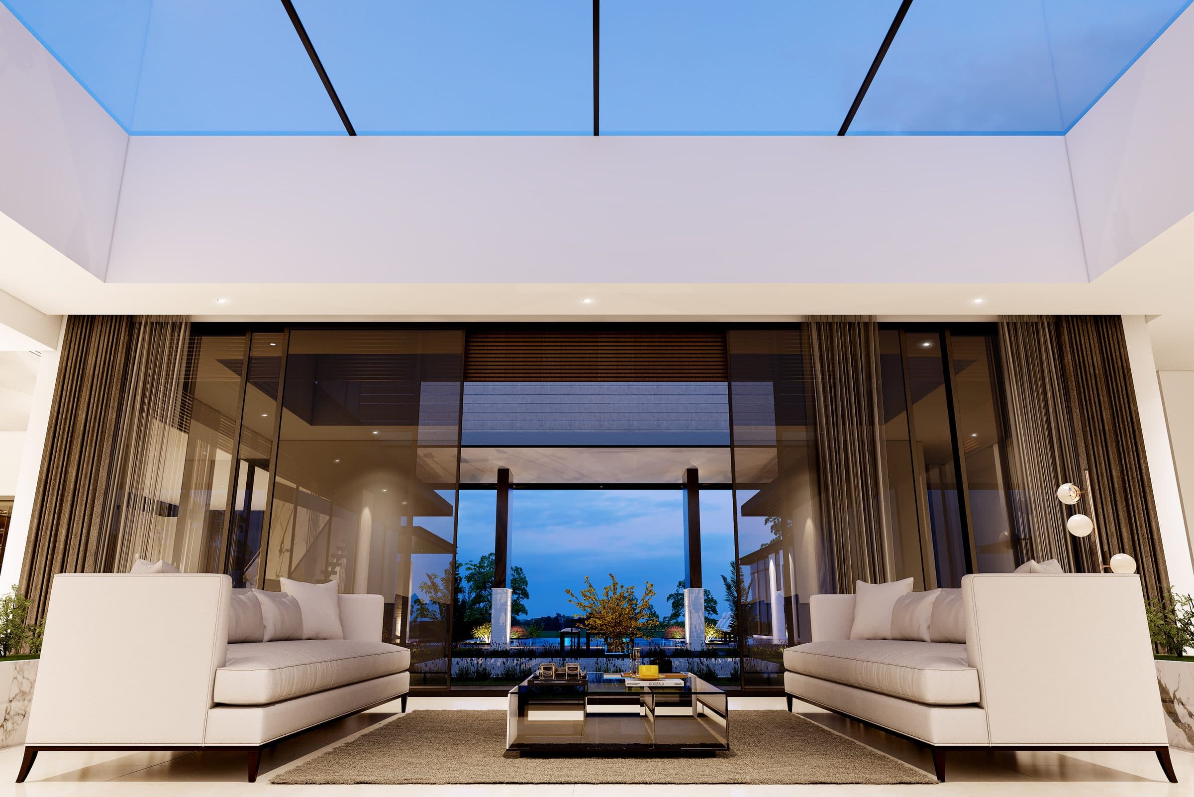 Design visualisation of the living room under a large skylight, by LKYOOB