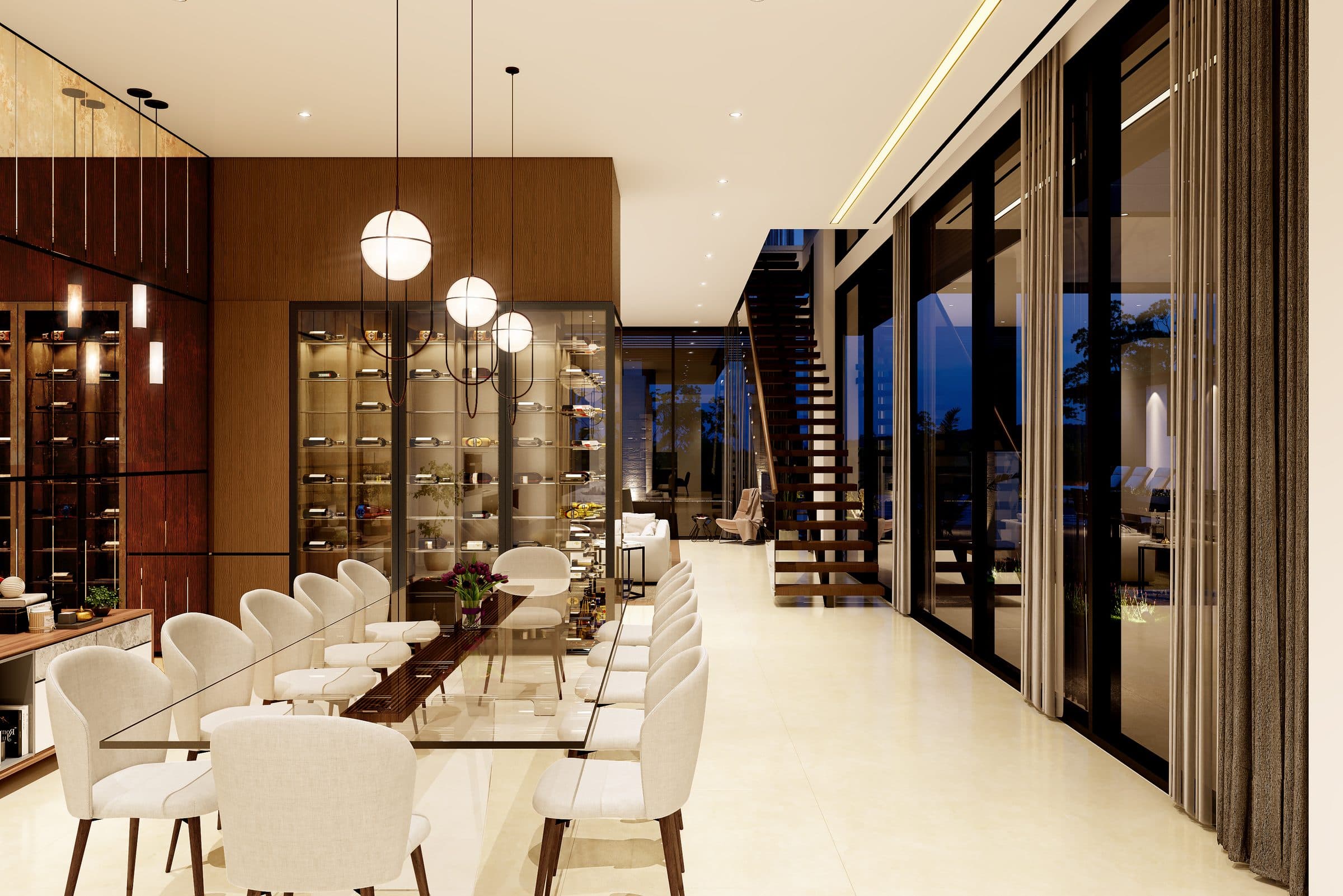 Design visualisation of the long dining table under pendant lights beside the glazing, by LKYOOB