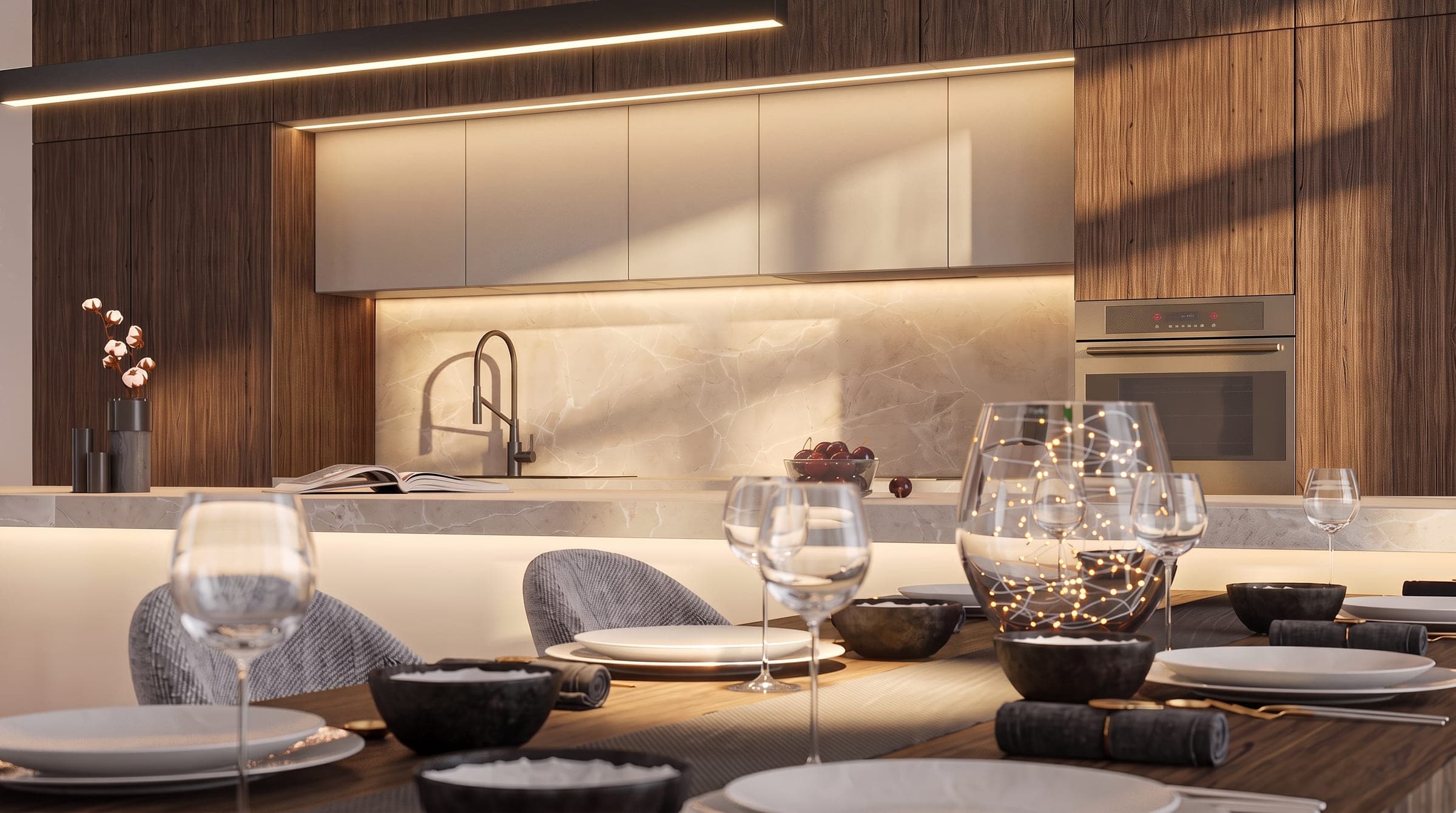 Kitchen and dining table at Volumes Villa, walnut cabinets and a stone island under a lit ceiling recess, a LKYOOB design visualisation