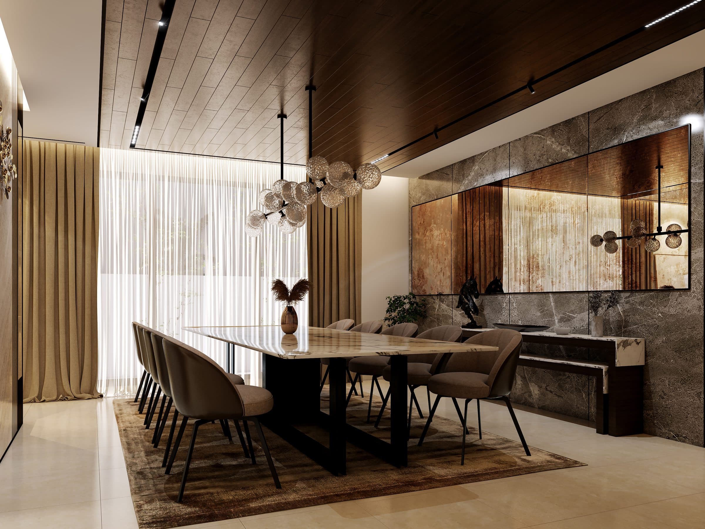 Design visualisation of The Walnut Ceiling Residence, a dining room under a walnut ceiling with a marble table, by LKYOOB