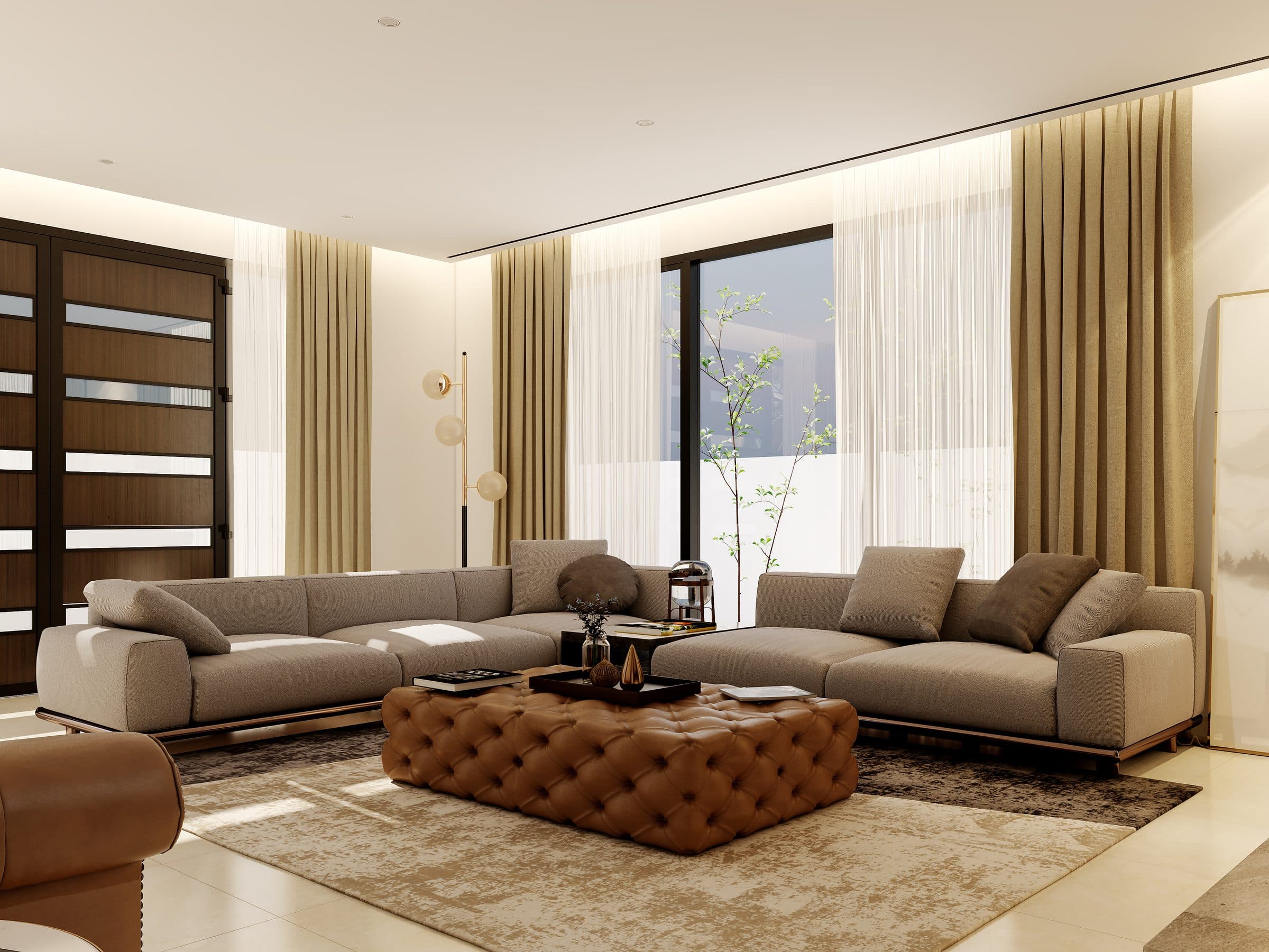 Design visualisation of the majlis with tufted sofas and a leather ottoman, by LKYOOB