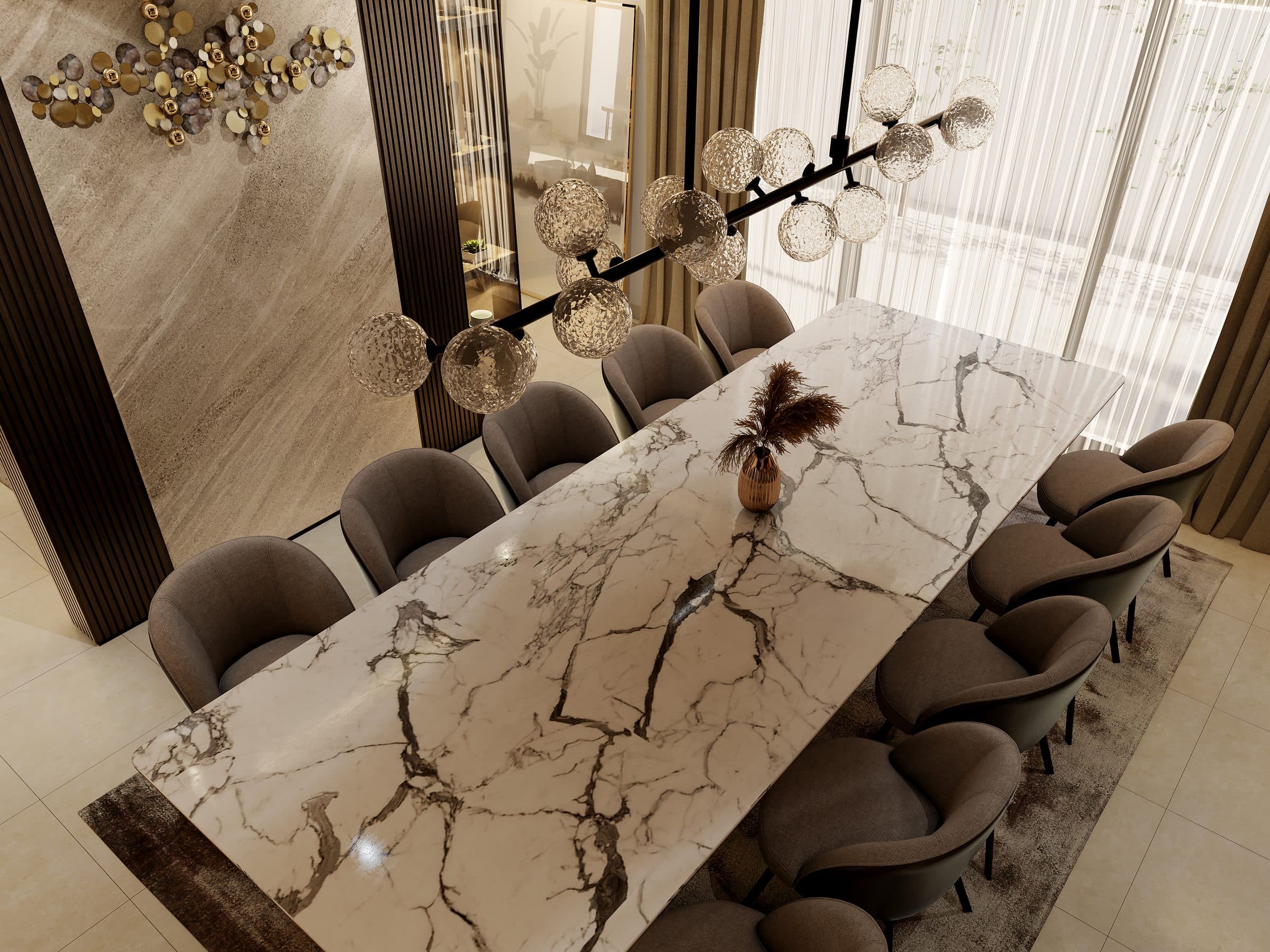 Design visualisation of the dining table from above, marble under glass globes, by LKYOOB