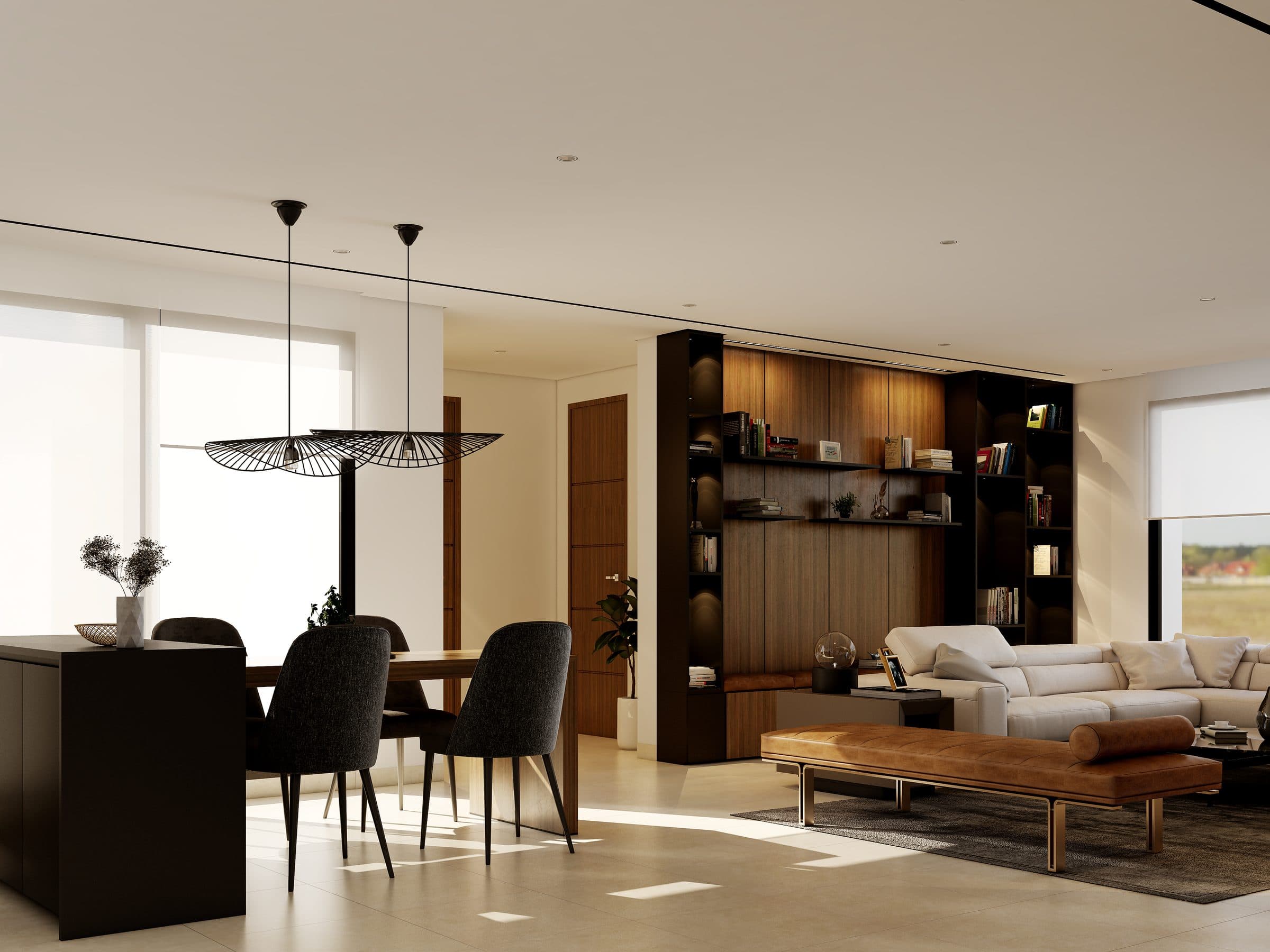 Design visualisation of the family sitting room with a library wall, by LKYOOB