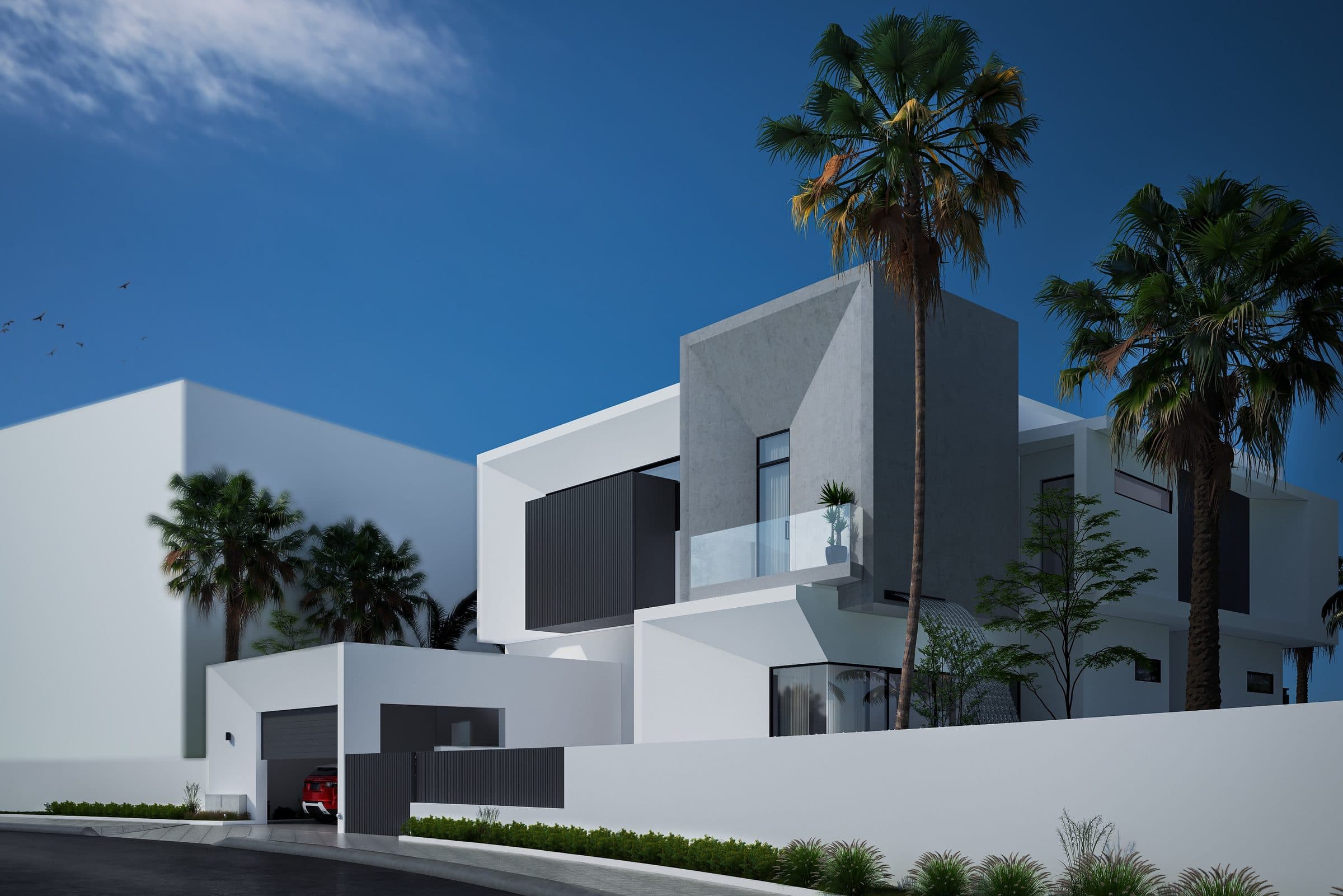 Design visualisation of the street corner in daylight, the grey box over white walls, by LKYOOB