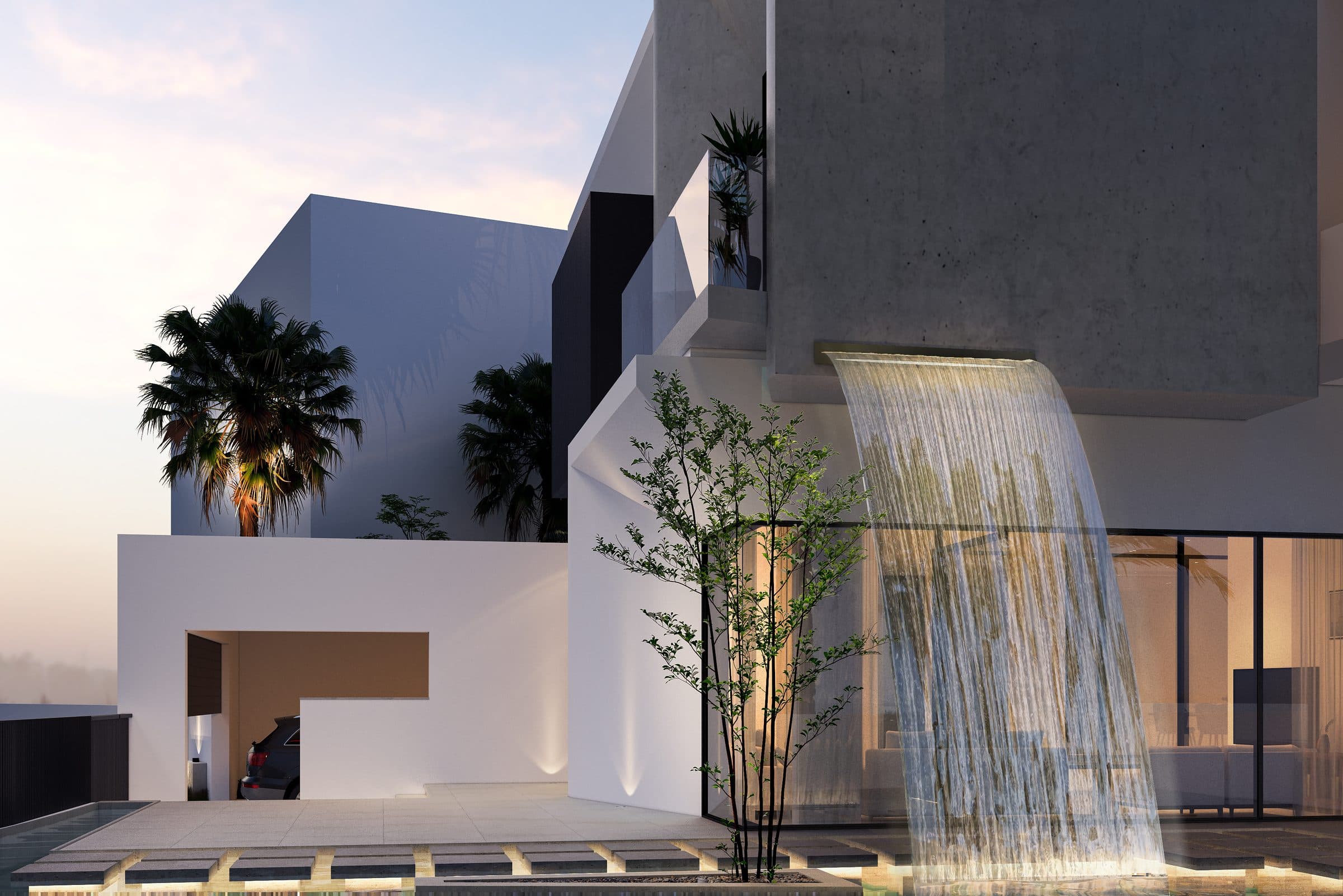 Design visualisation of the waterfall wall beside the entrance glazing at dusk, by LKYOOB