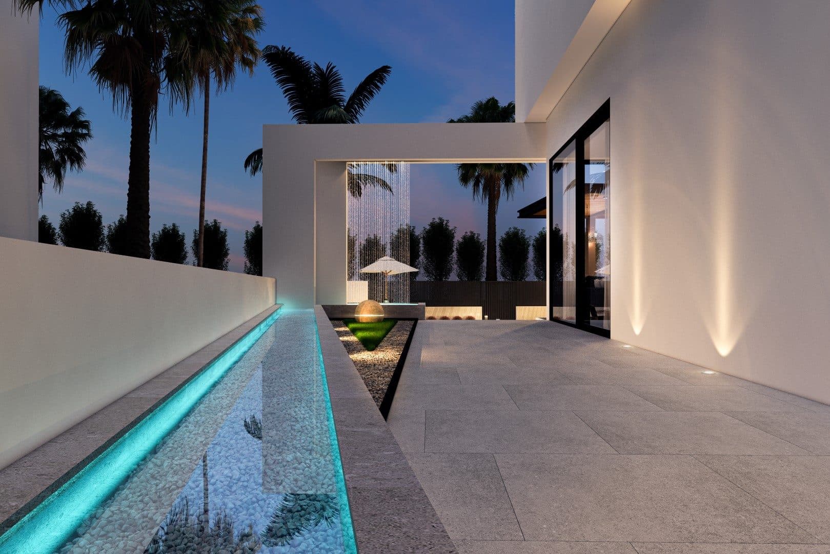 Design visualisation of the lit water channel along the stone path to the door, by LKYOOB