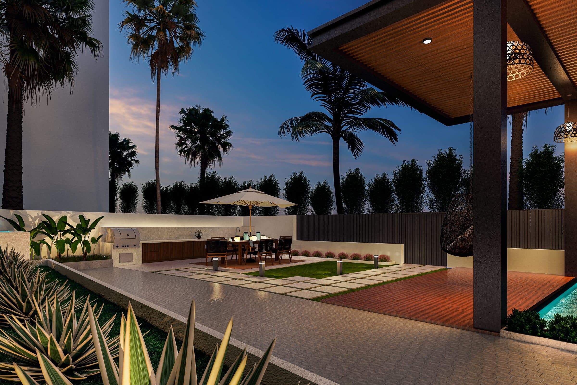 Design visualisation of the garden terrace with a timber-slatted pergola, deck and dining under an umbrella, by LKYOOB