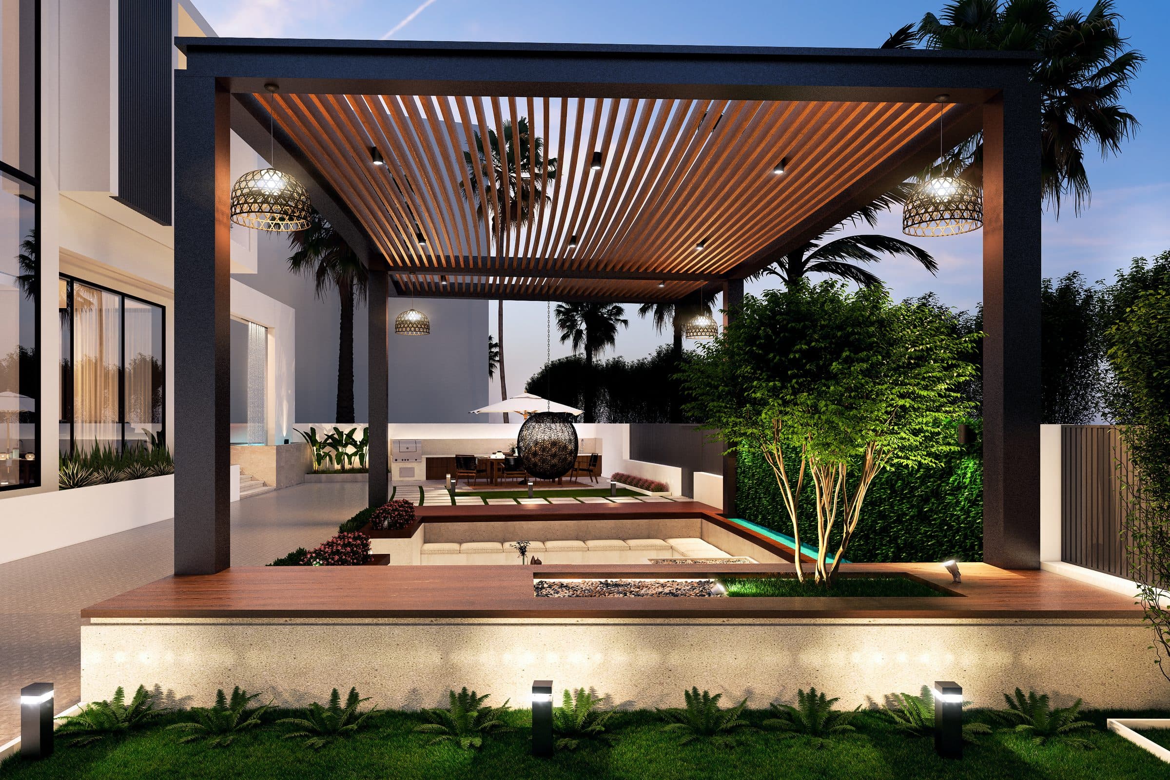 Design visualisation of the pergola lounge with an egg chair and a fire table among planting, by LKYOOB