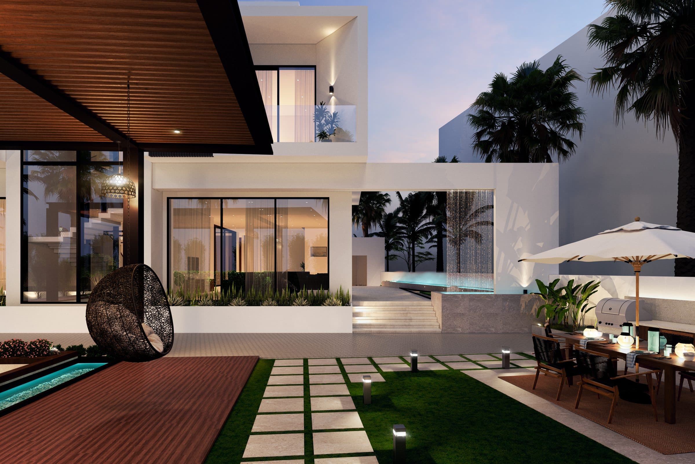Design visualisation of the garden with stepping stones, a hanging chair and outdoor dining, by LKYOOB