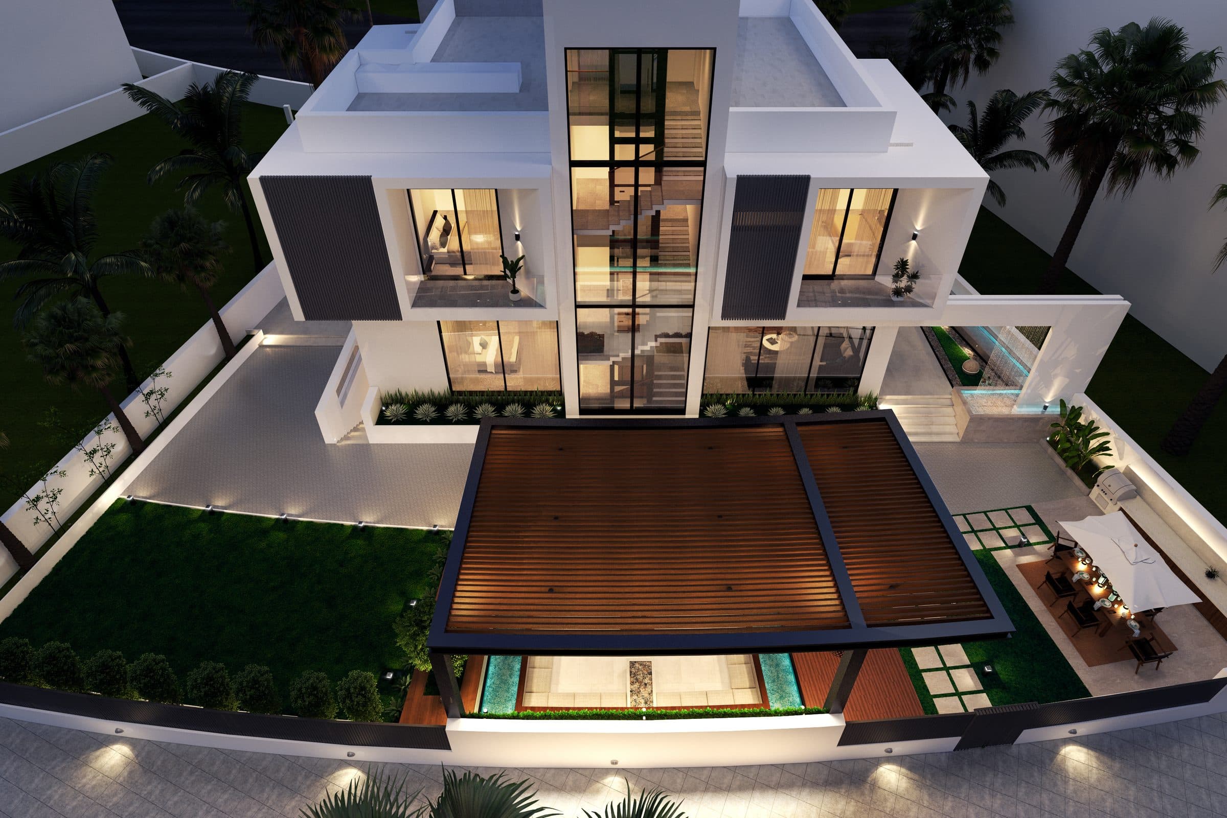 Design visualisation of the villa, deck, pool and garden from above at dusk, by LKYOOB