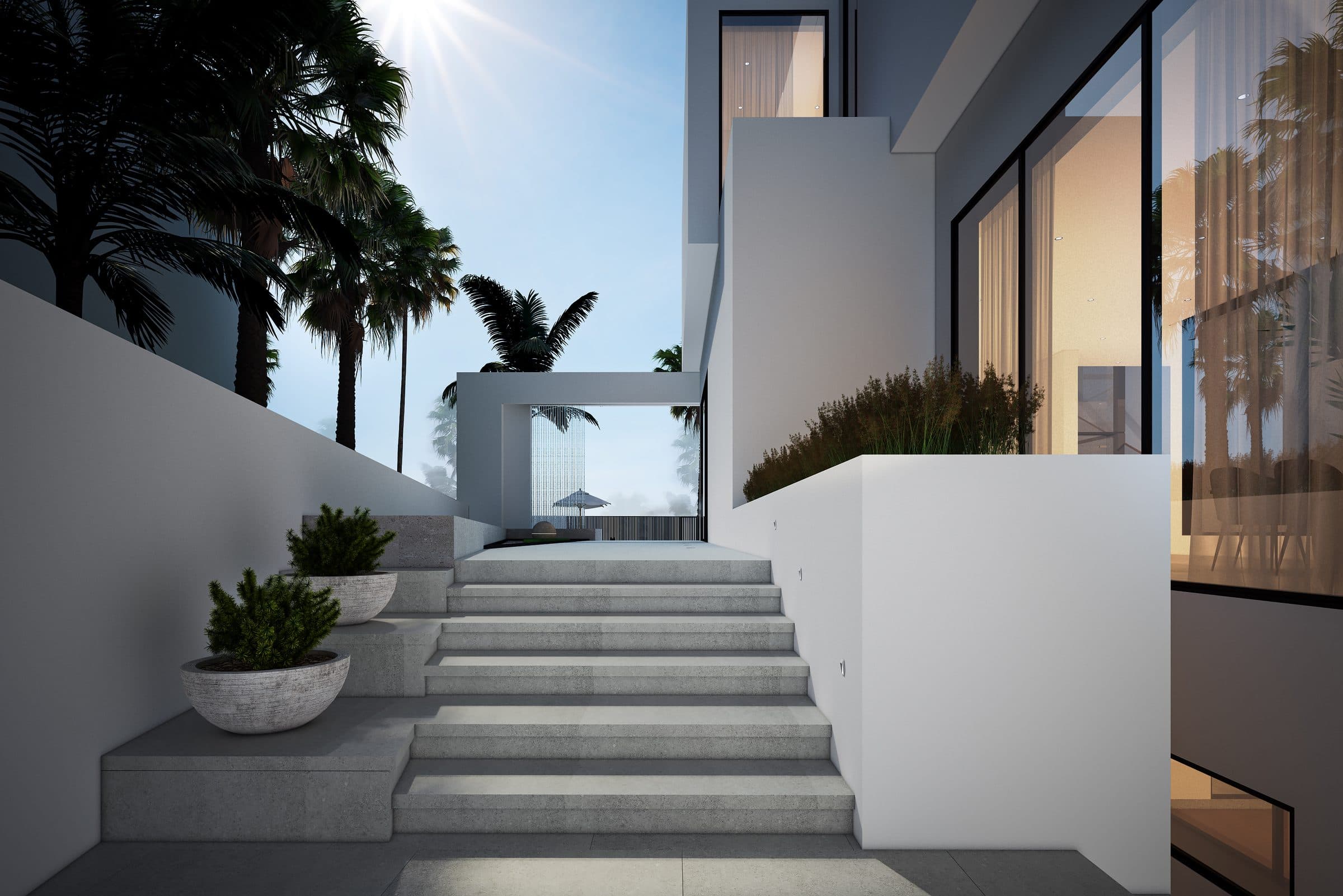 Design visualisation of the entrance steps between white walls and planters, by LKYOOB