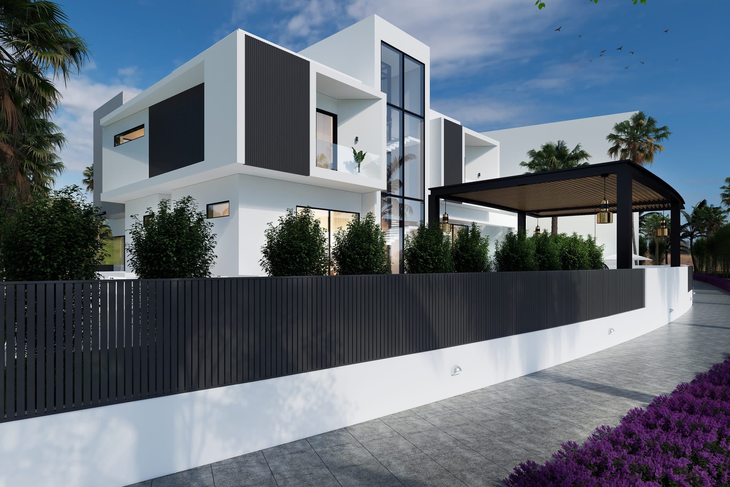 Design visualisation of the street view behind a dark slatted fence with purple planting, by LKYOOB