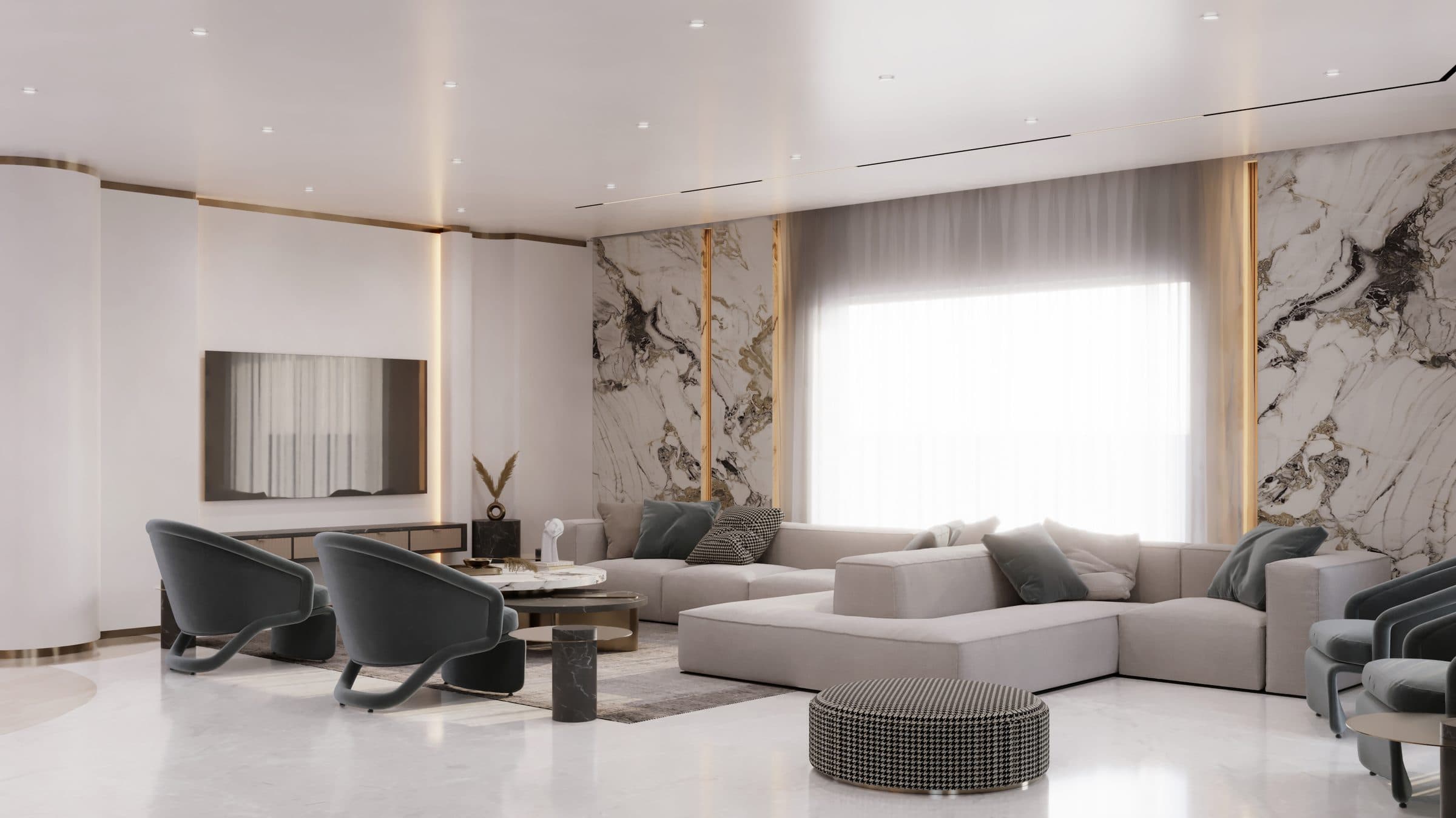 Design visualisation of a white family living room with fluted panels, a marble television wall and pale sofas, a LKYOOB interior design