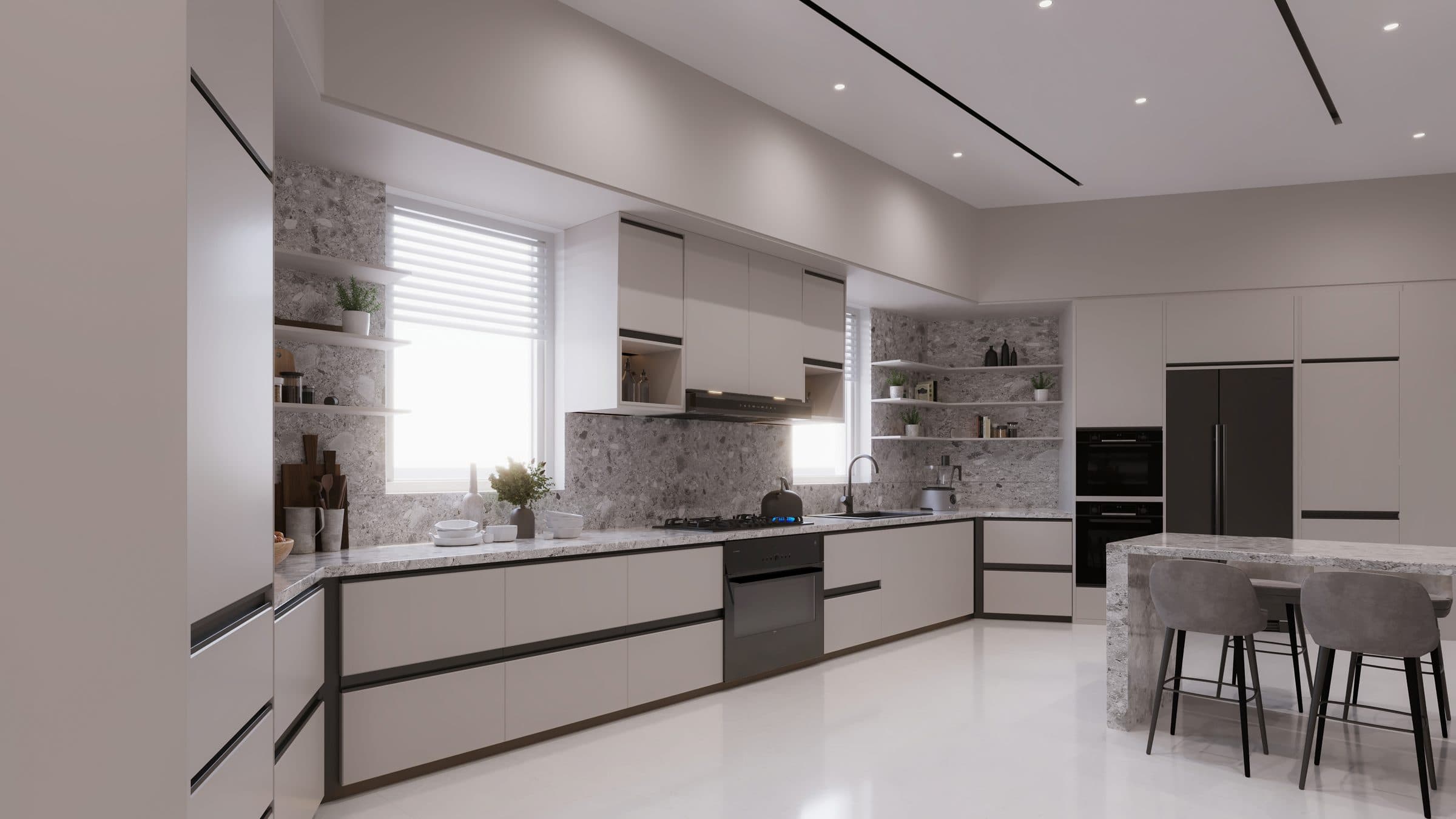 Design visualisation of the kitchen in white with a marble island, by LKYOOB