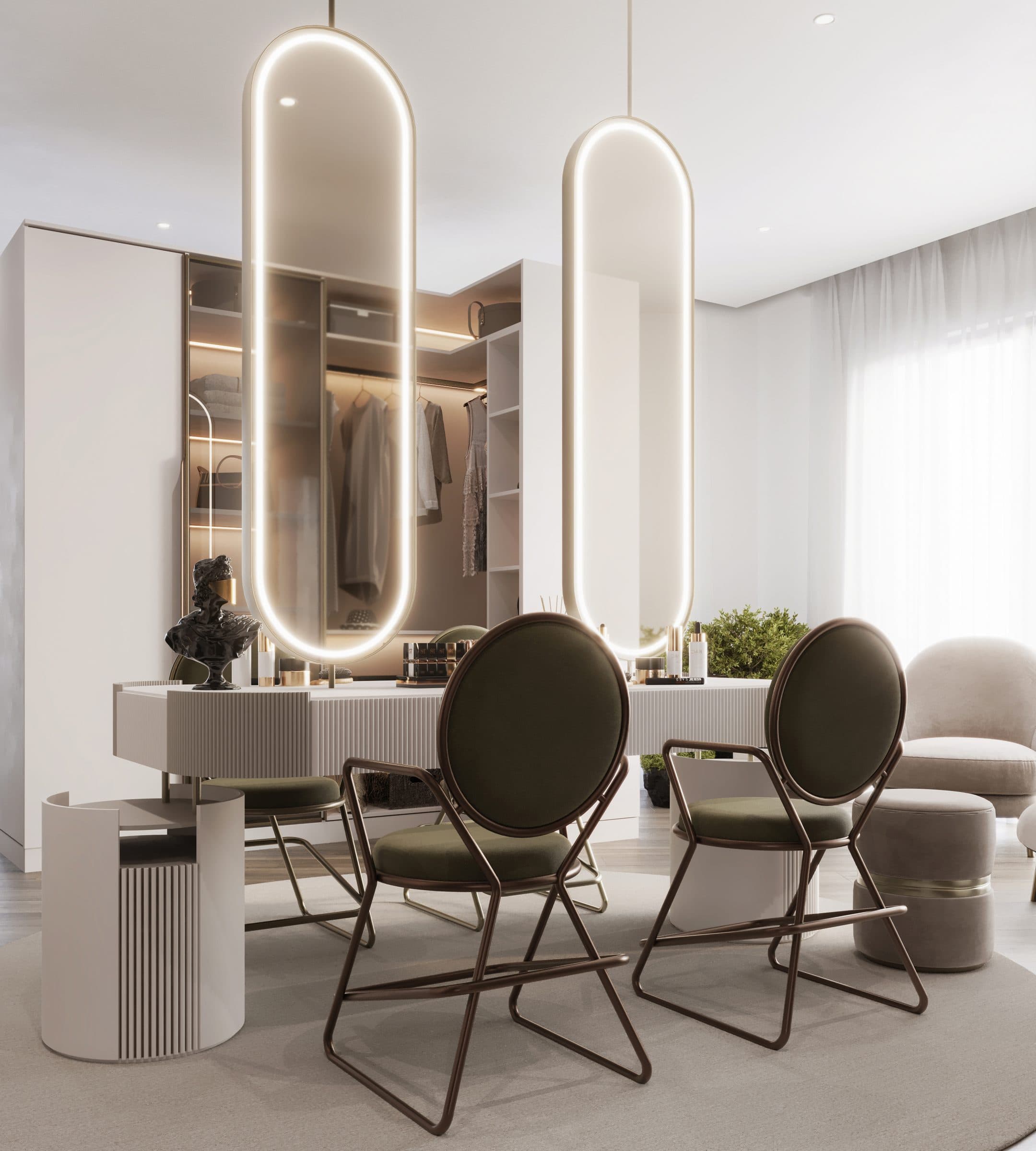 Design visualisation of the dressing room with a lit vanity, by LKYOOB