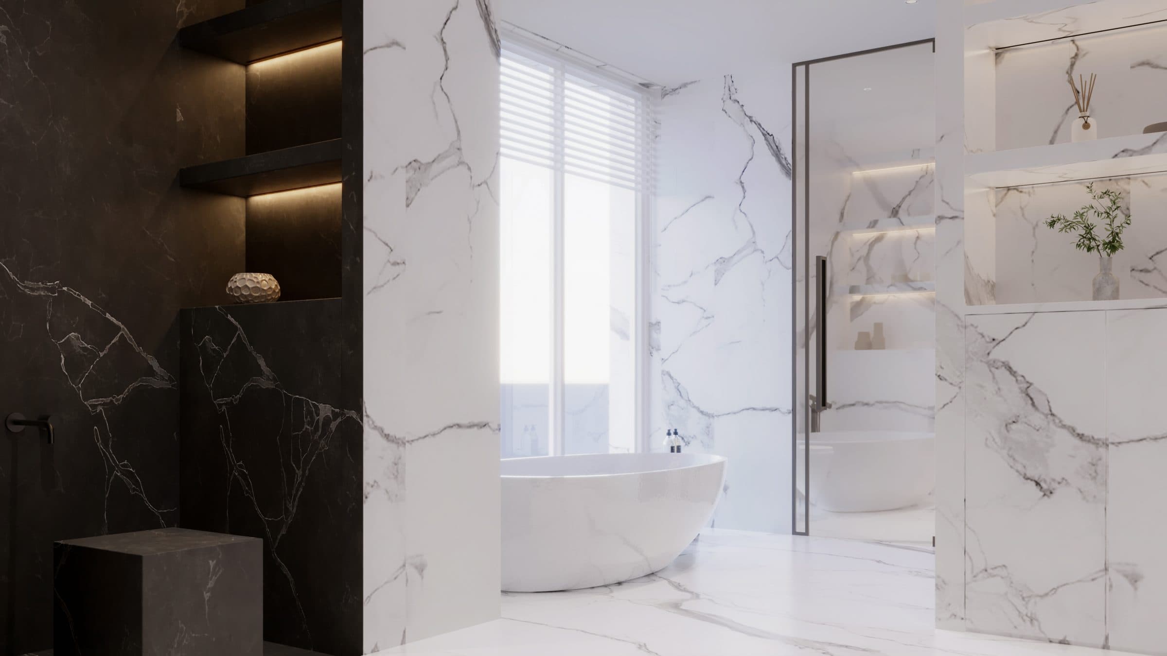Design visualisation of the master bathroom in light marble, by LKYOOB